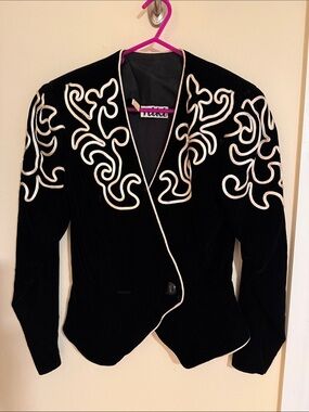 Black Velvet Embroidered Blazer Jacket with White Piping - Niki